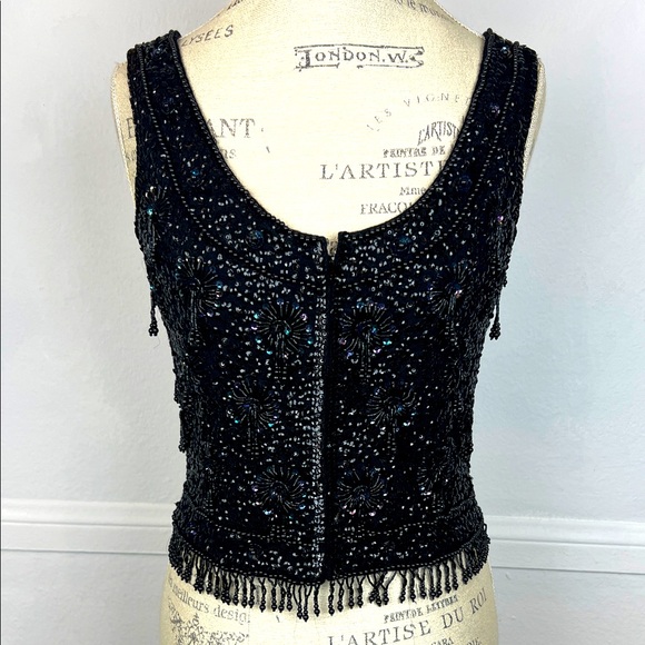 Hand Crafted Tops - Vintage 60s Vest Top sequins hand beaded Sz. M zip up sleeveless fitted wool